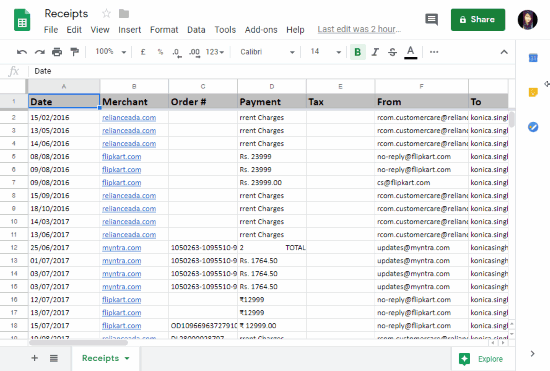 Digital receipts and invoices spreadsheet