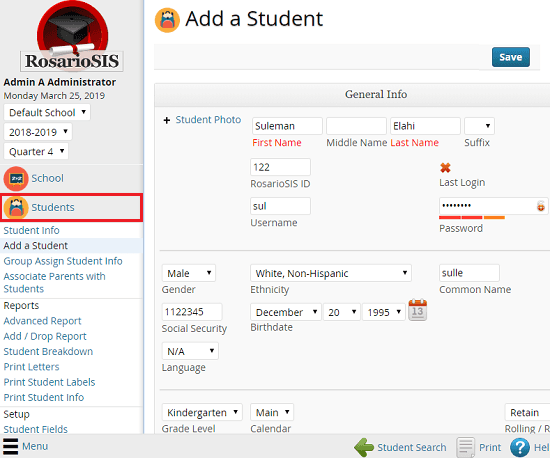 RosarioSIS add a student