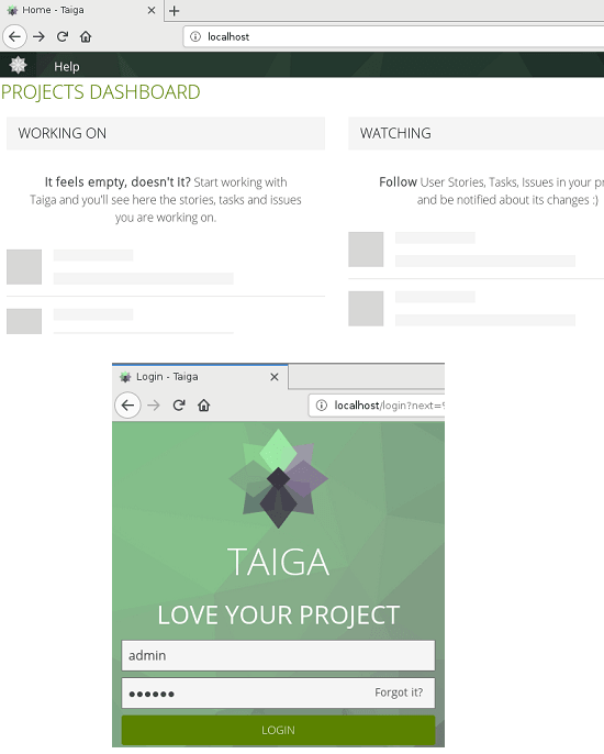 Taiga localhost login