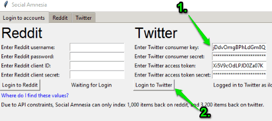 enter keys and tokens to login to twitter