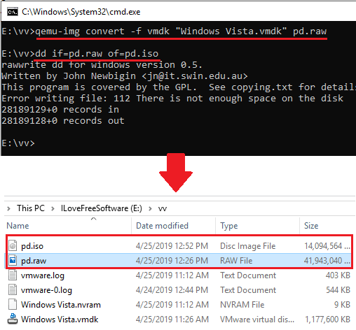 DD and qemu-img workign together for VMDK to ISO