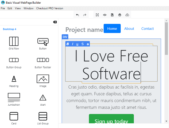 Free Web Page Builder software with Bootstrap components, HTML Export