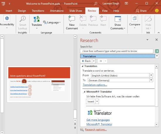 PowerPoint translate feature