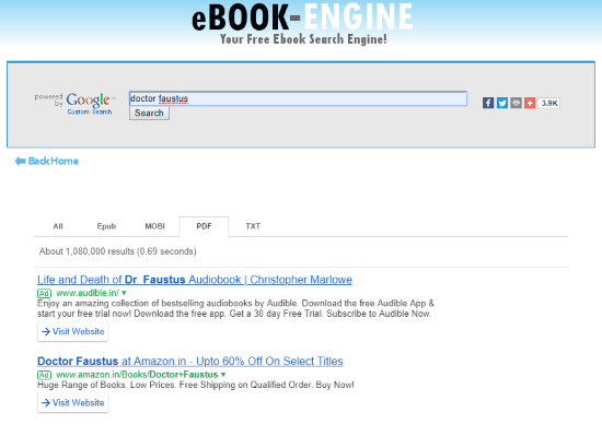 Search engine for ebooks