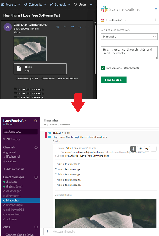 Slack for Outlook plugin in action