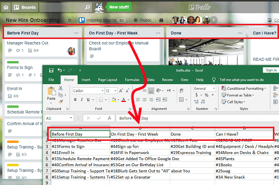 Trello to Excel export trello boards