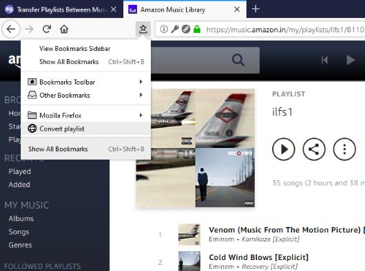 access amazon music playlist and use convert playlist bookmarklet