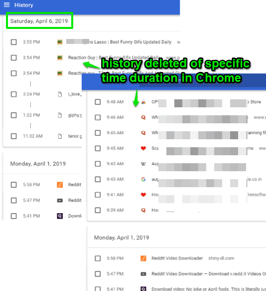 history deleted of specific time duration in chrome