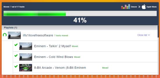 Deezer playlist to Apple Music transfer in progress