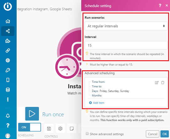 Instagram specify the interval to run the scenario