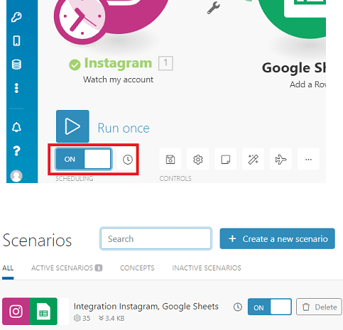 Integromat scenario for Instagram to Google Sheet saving