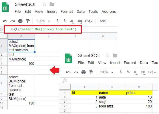 SheetSQL aggregate fucntions