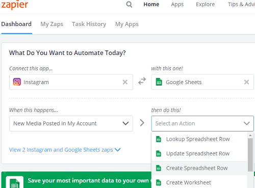 Zapier Google Sheets and Instgaram account add