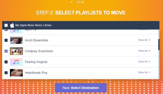 select songs and playlists to transfer