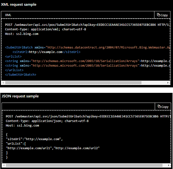 Bing Webmaster Tool API Call Request