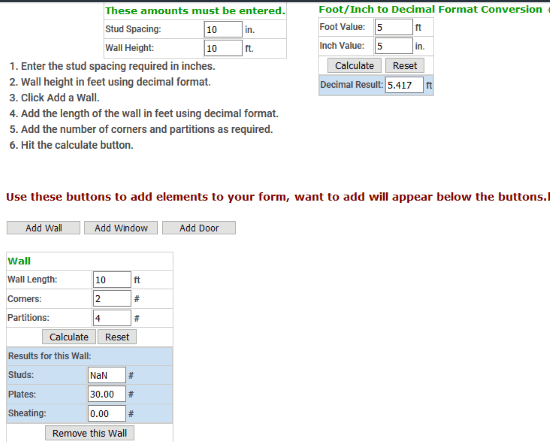 Exterior Wall Framing Calculator