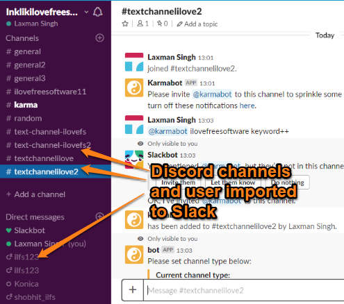 discord channels and users imported to slack