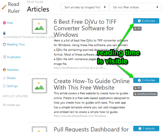 reading time of pocket articles visible