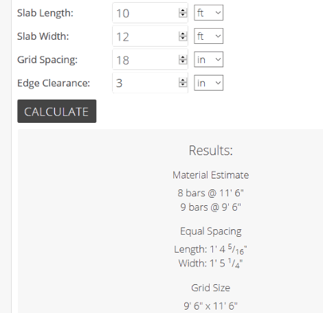 Inchcalculator.com website with rebar material calculator