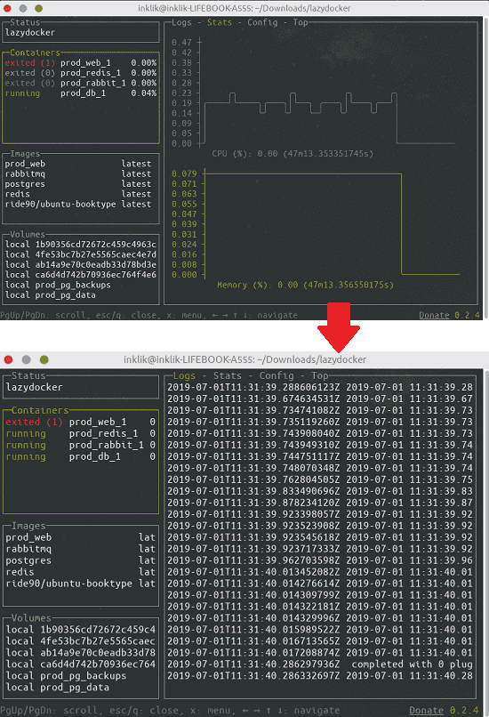 Lazydocker logs and stats