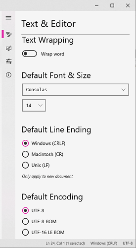 Notepads text editor settings