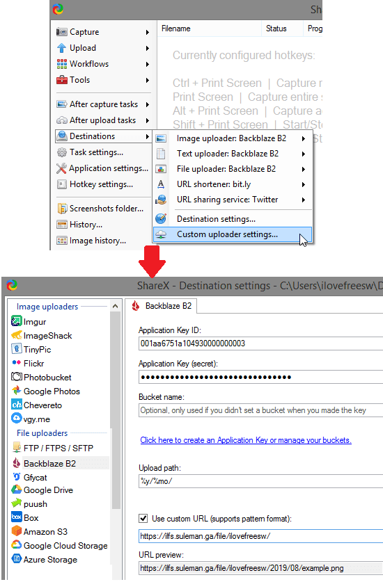 ShareX B2 Settings for keys and uRL