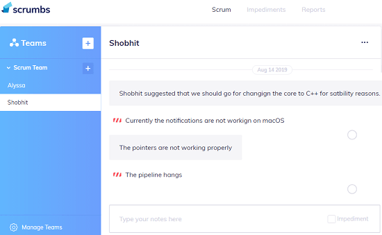 Track Daily Scrum Meetings with Impediments, Notes