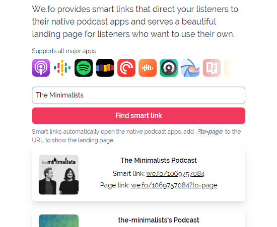 include links to popular podcast platforms in 1 url