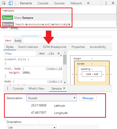 Chrome DevTools Set location in the sensor