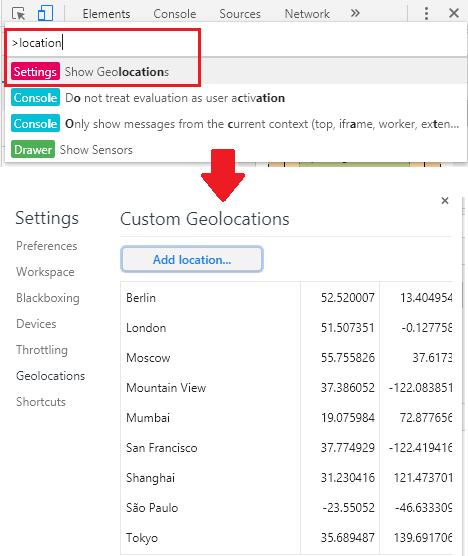 Chrome DevTools show geo locations