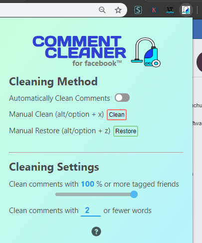 Facebook Comments Cleaner in action