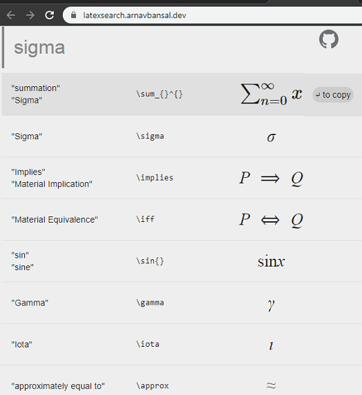 LaTex Search Website in action