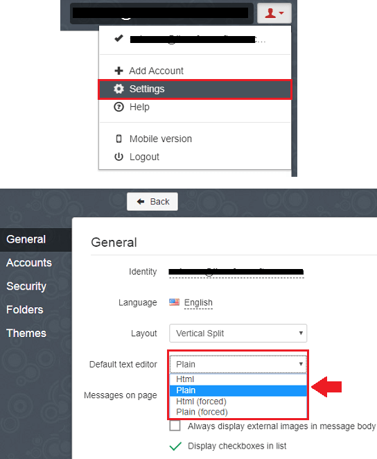 Rainloop Plain Text Settings