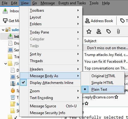 Thunderbird configure plain text emails
