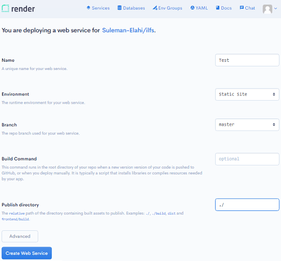 Render Static Site Hosting Parameters