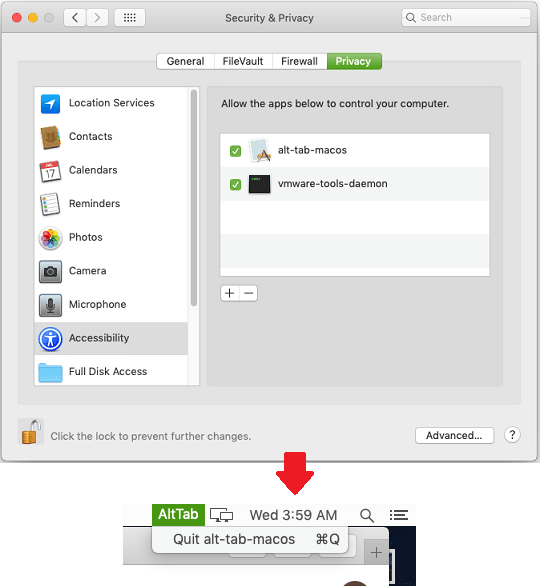 alt-tab-macos app give access