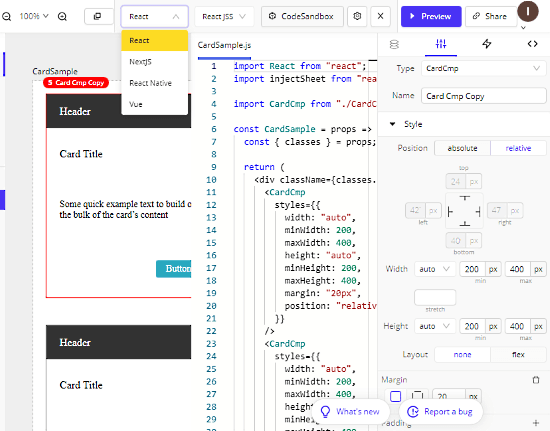 create dynamic layouts & get React code