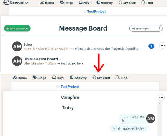 Basecamp board message and campfire