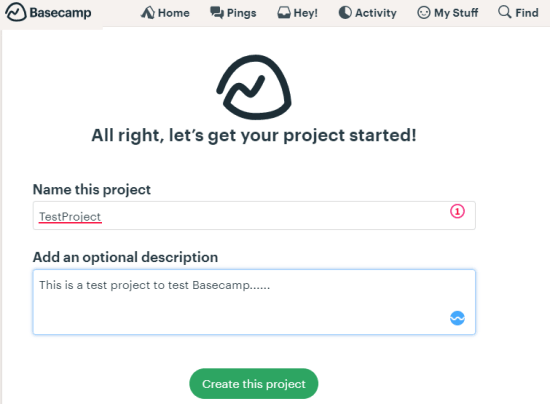 Basecamp create a project