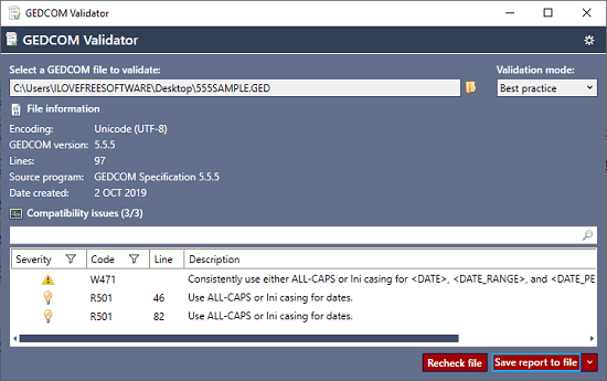 GEDCOM Validator in action