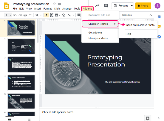 Unsplash images in Google Slides