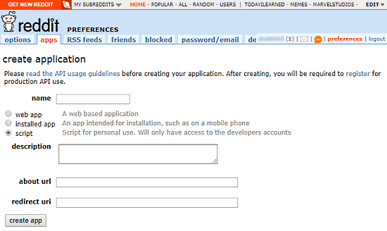 create reddit app