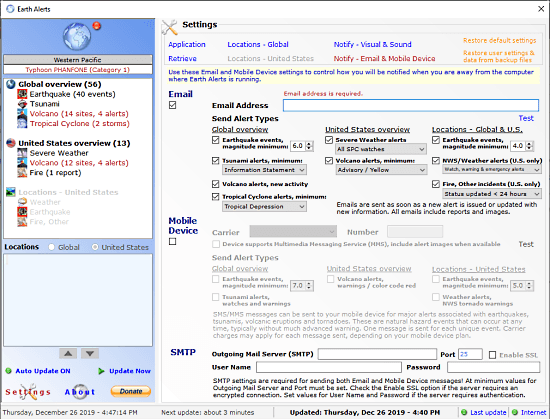 Free Real-time Global Natural Hazard Monitor Software with alerts