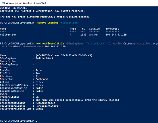 block website using powershell