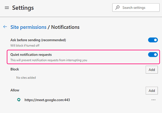 quiet notification requests in microsoft edge