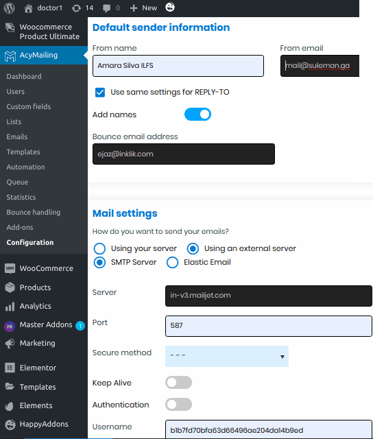 AcyMailing setup smtp server