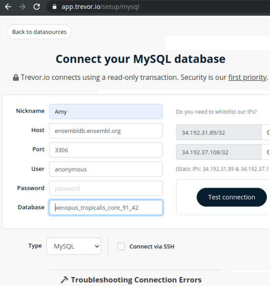 trevor database connection