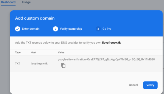 Firebase add a custom domain and verification