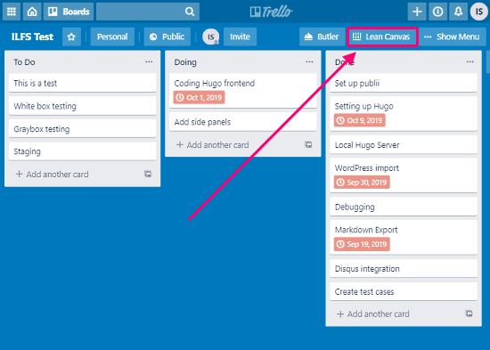 Lean canvas in Trello to create canvas