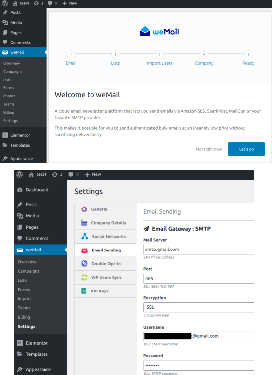 weMail welcome and SMTP